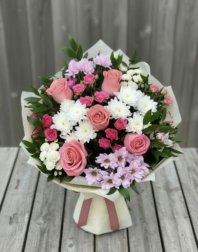 Букет цветов из: Альстромерии, Гвоздики, Розы и Хризантемы в Новозолотовской