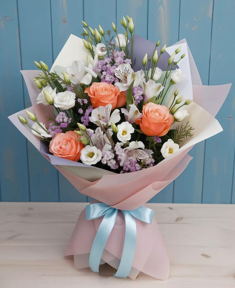 Букет цветов из: Лизиантусы, Розы, Альстромерии и Гипсофила в Новозолотовской