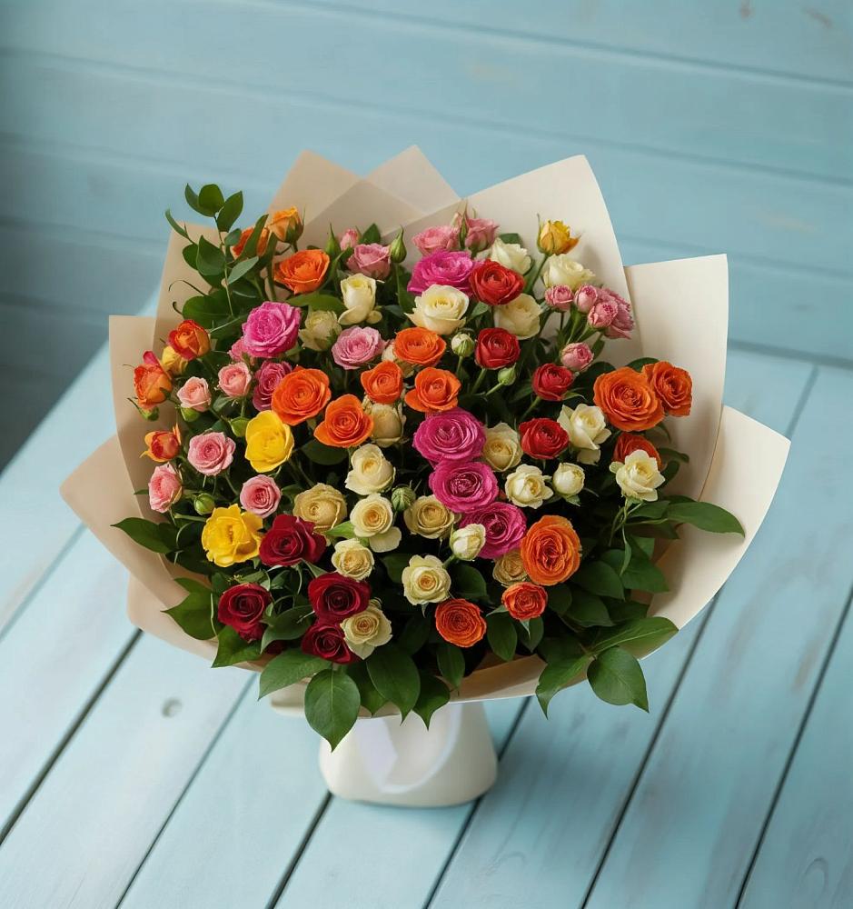 Букет Микс из разноцветных кустовых роз в Новозолотовской