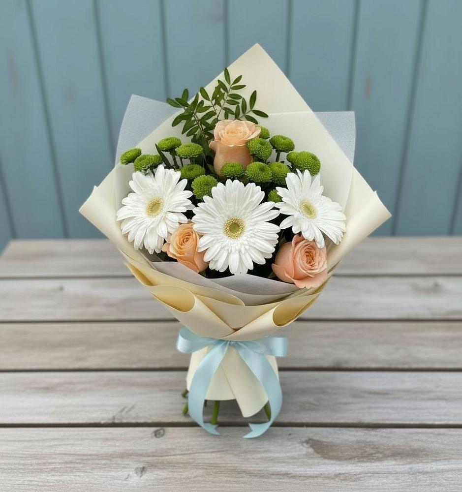Букет цветов из: Герберы, Розы и Хризантемы в Новозолотовской