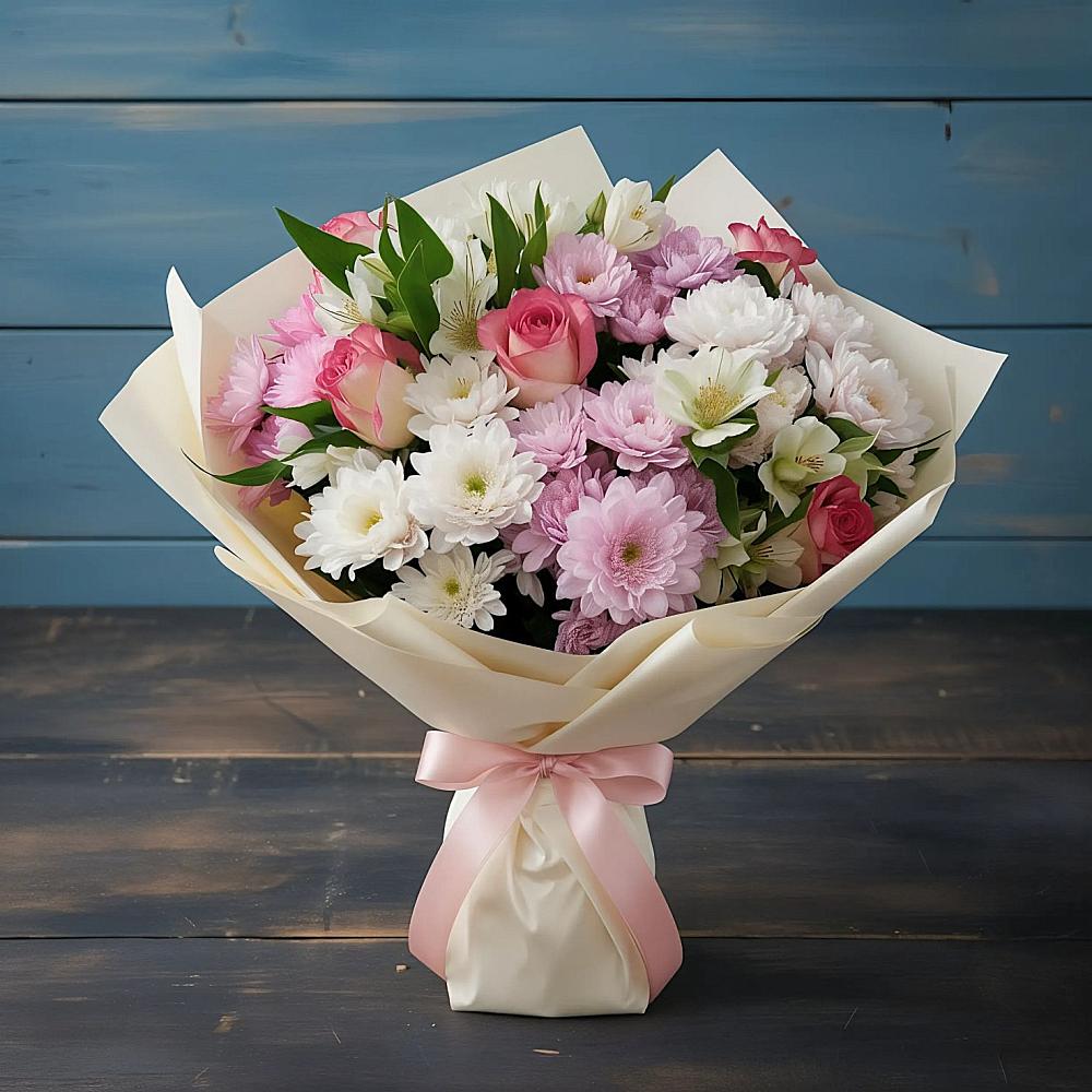 Букет цветов из: Хризантемы, Альстромерии и Розы в Новозолотовской